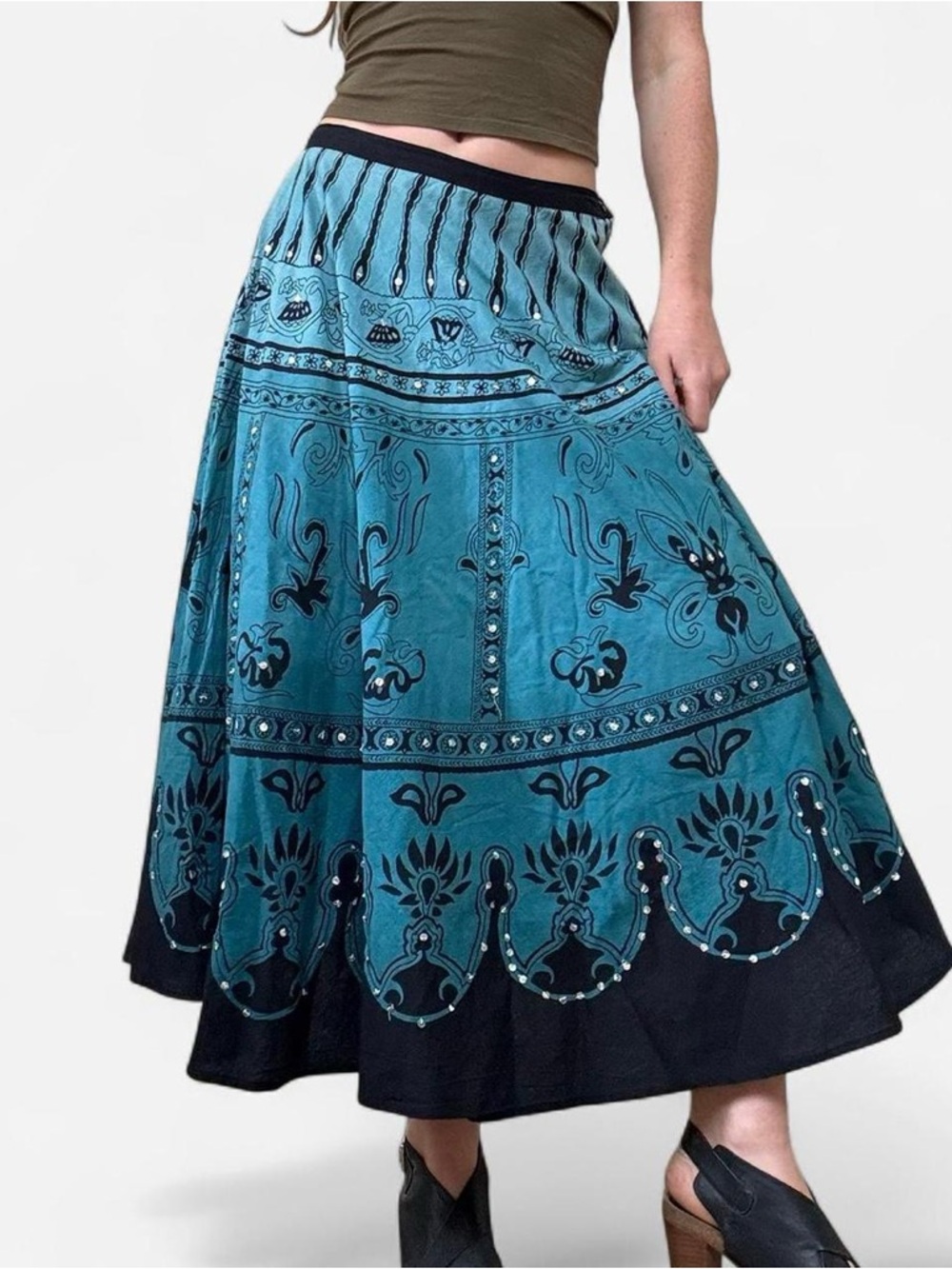 Y2K boho cotton maxi blue skirt with sequin detail
